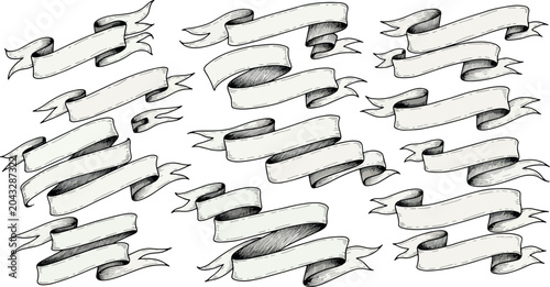 Engraved style black and white ribbon banners