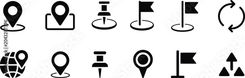 Navigation and location icons set black silhouette glyphs