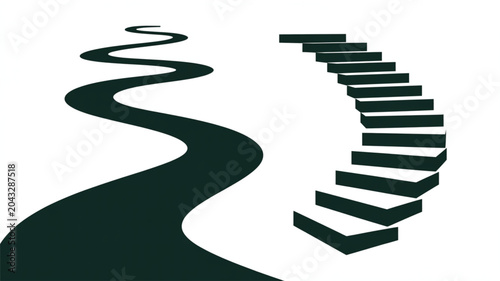 A high contrast minimalist graphic illustration displays a winding dark road beside a curved floating staircase set against a clean white background in a flat design style.
