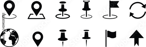 Navigation and location icons set map pins globe arrows and flags