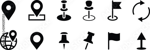 Navigation and location icons set black silhouette collection
