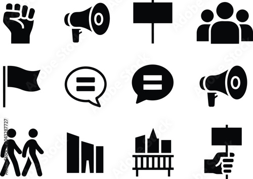 Protest and activism icons black silhouette set for social movements