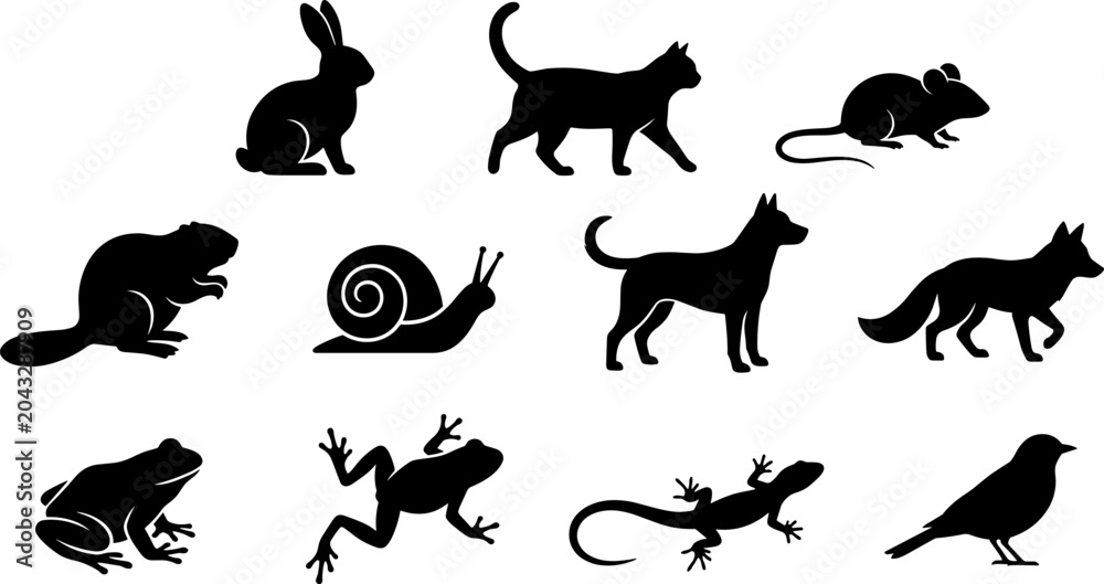 Obraz premium Animal silhouettes illustration collection featuring rabbit, cat, dog, bird, lizard, frog, and other species, symbolizing wildlife, lifestyle, creativity, and design concepts
