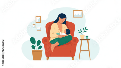 A woman sits in a vibrant orange armchair nursing her baby in a cozy living room decorated with simple framed wall art and a small wooden side table.