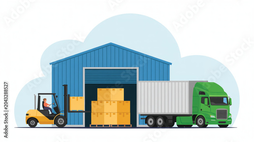 A green semi-truck trailer waits at a blue warehouse bay while a forklift operator moves stacks of cardboard boxes in a flat vector illustration of industrial logistics.