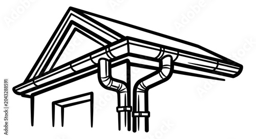 Black and white illustration of a house roof with gutters and downspouts
