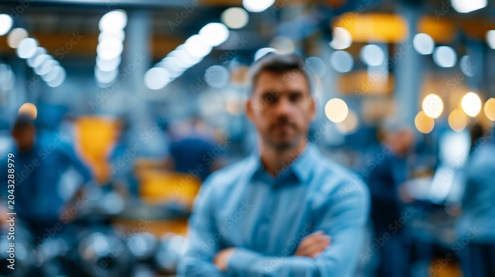 Obraz premium Defocused portrait of faceless male engineer on factory floor of busy workshop, soft focus workplace portrait, blurred background, industrial setting, with copy space
