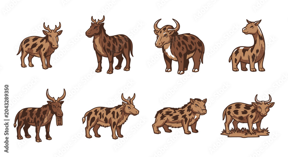 Obraz premium Cartoon illustrated collection of various stylized brown wild animals with horns