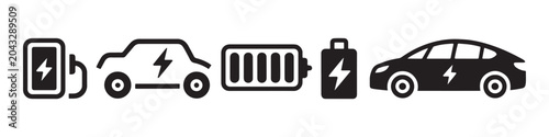 Electric vehicle and battery charging station icons set representing clean energy transportation.