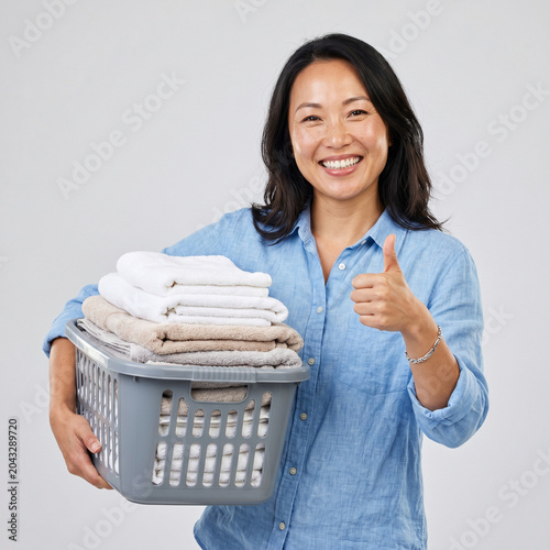 Satisfied Asian Customer Holding Clean Laundry Basket and Showing Thumbs Up