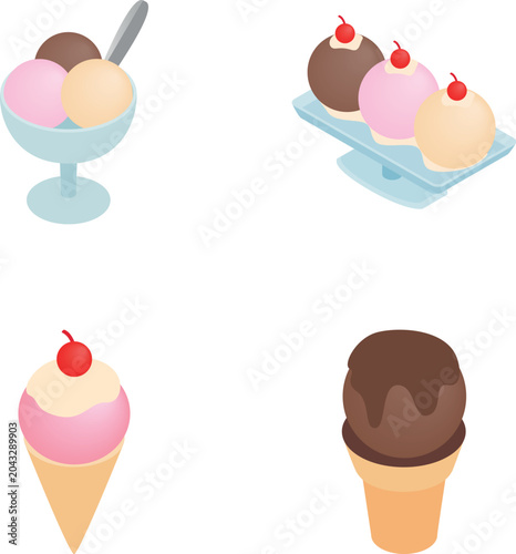 Ice cream servings with various flavors and toppings in an isometric illustration