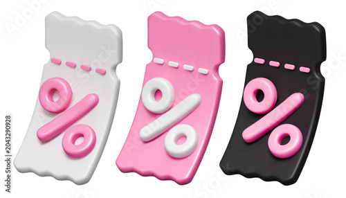 3d coupon sale percentage pink vector icon design set