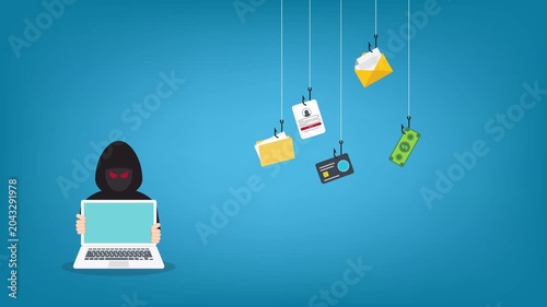 Hacker with laptop computer stealing confidential data, personal information and credit card detail. Hacking concept.	
