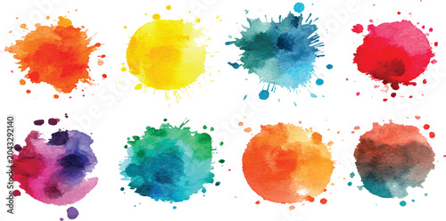 Konstfotografi Set of abstract mint green watercolor water splash on a white watercolor circles brash multicolored