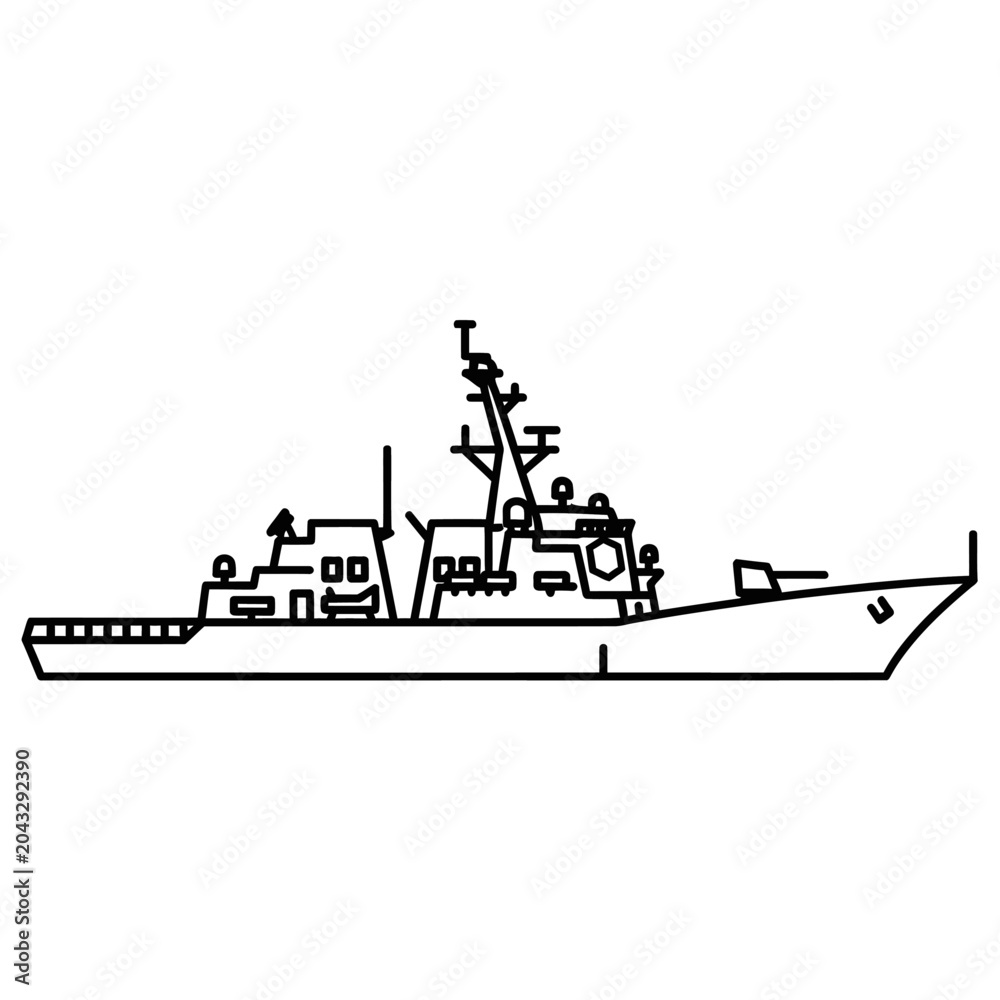 Obraz premium Line drawing illustration of a military naval ship isolated on white