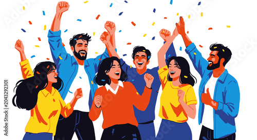 Joyful group celebrating victory with confetti illustration on white background