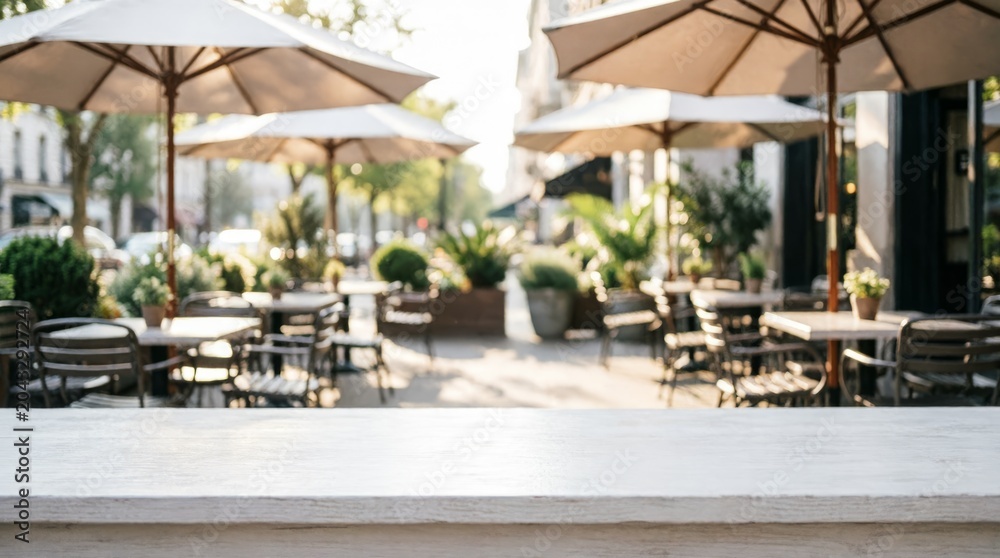Obraz premium Outdoor Cafe Terrace with Umbrellas and Tables for Web Design