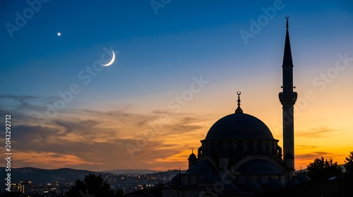 Silhouette of mosque at sunset for islamic new year