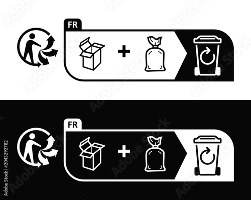 The French Triman logo. Recyclage déchets picto produits info tri poubelle verre. Triman sign, Triman recycling icon. sign of recycling of poly-bags in France. Triman Logo