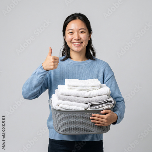 Smiling Asian Woman Showing Thumbs Up with Fresh Laundry Basket