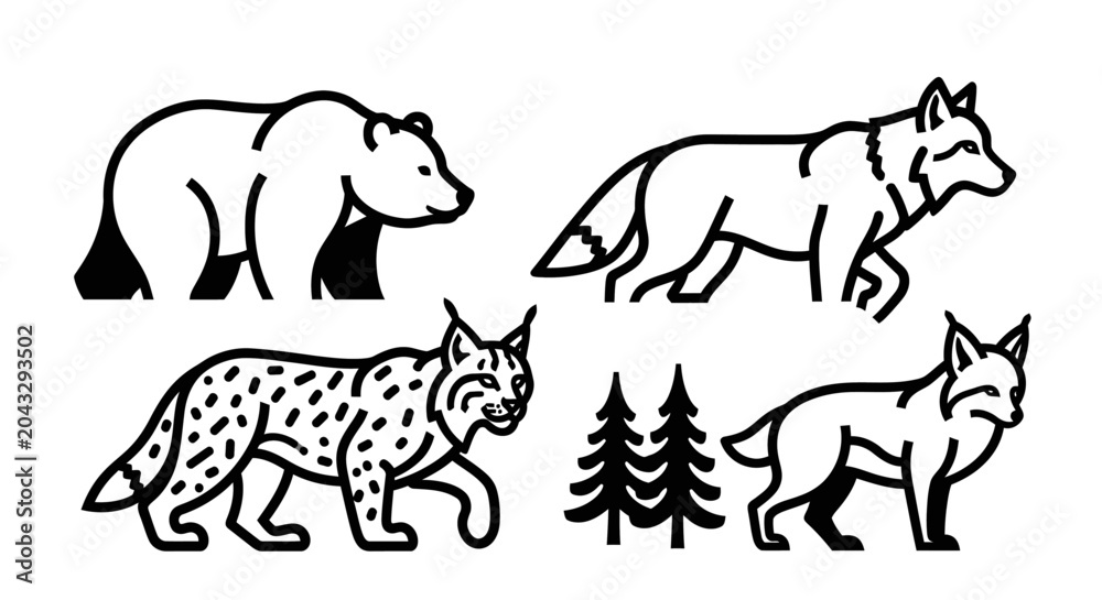 Fototapeta premium Outlined illustrations of wildlife animals and evergreen trees isolated
