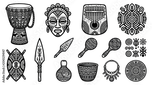 Obraz na płótnie African Tribal Art Elements: Drum, Mask, Kalimba, Spear, Shield, Jewelry