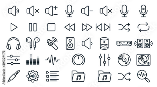 Tableau sur toile Audio and Music Icons Set: Volume, Playback, Sound Equipment, DJ, and Music Play