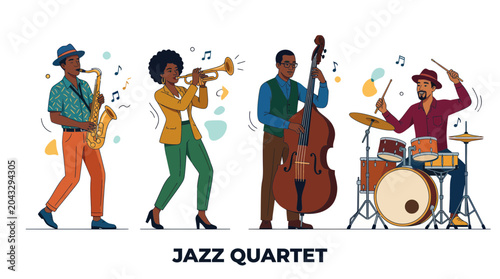 Fotografie Jazz Quartet Performing Music with Instruments: Saxophone, Trumpet, Double Bass,