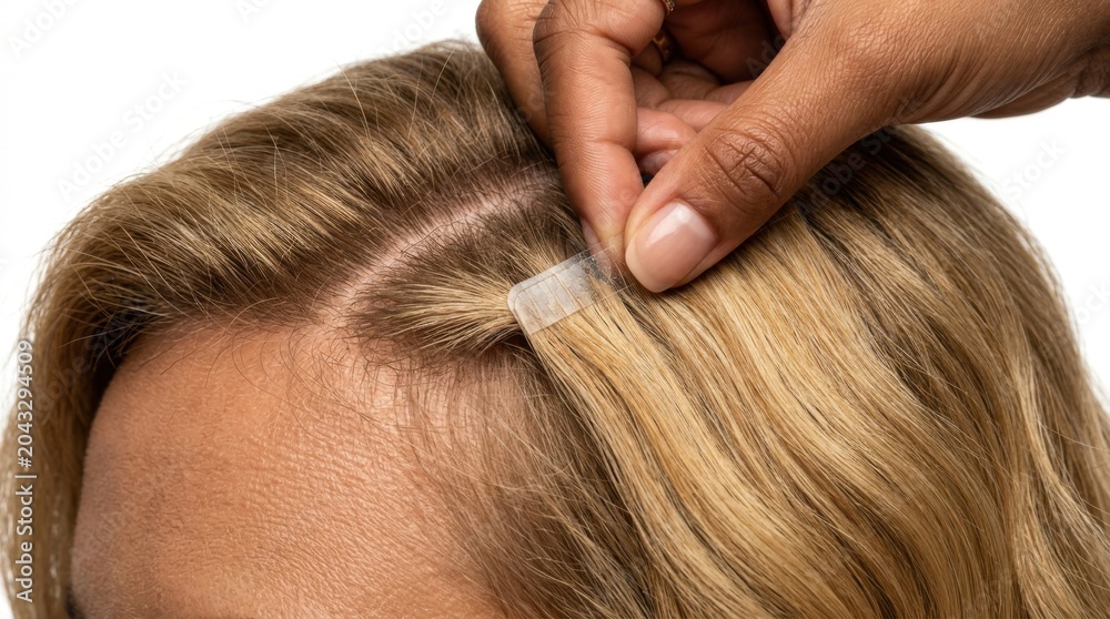 Naklejka premium Hair Extension Tape-In Application on Blonde Hair
