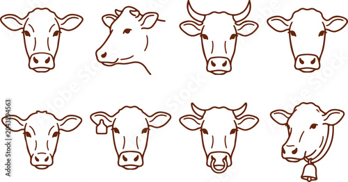 Fotografie Collection of cow head line art illustrations, diverse facial expressions and styles, simple outlines on transparent background