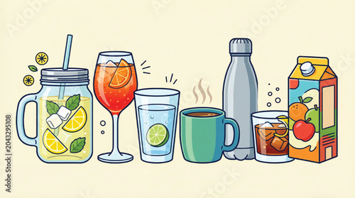 Fényképezés Flat vector beverage collection, assorted drinks in glassware and bottles, color