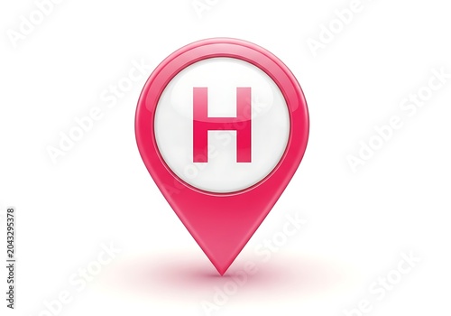 Pink location pin icon with white letter h