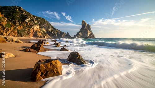 Serene ocean waves on sandy beach.