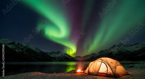 Illuminated camping tent sits near a bright campfire under vibrant green northern lights at night
