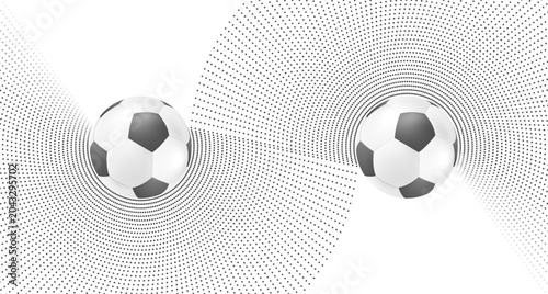 Abstract grey dotted geometric football background with soccer balls. Vector design