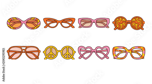 Obraz na płótnie Retro 70s sunglasses collection, set of 8 vintage hippie eyewear icons, groovy p