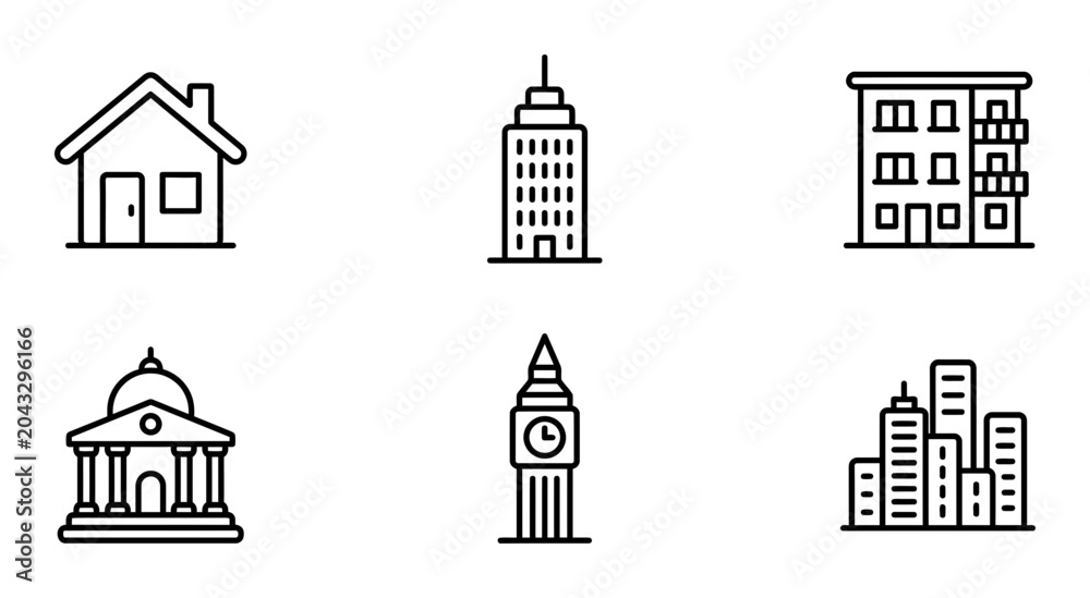 Fototapeta premium Modern Building Icons, City Architecture Line Art, Urban Structure Graphics, Residential and Commercial Property Symbols