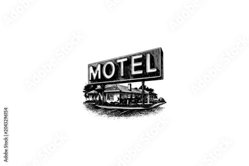 Vintage vector sketch of a classic retro motel building with a huge sign. Engraving style digital illustration of an American roadside motel exterior and parking lot, isolated on white background.
