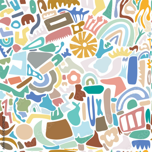 Hand drawn pattern with different colorful geometry figure on white background. Vector illustration.