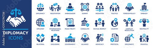 Foto Diplomacy icons set, representing international relations, negotiation, communic
