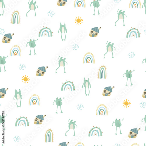 Tableau sur toile Hand drawn pattern with cute frogs, rainbows, and sun on white background