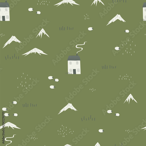 Seamless pattern with house, sheep, mountain and grass on green background. Vector illustration 