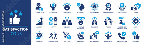 Fotografie Collection of Satisfaction Icons, Featuring Thumbs Up, Stars, Happy Faces, Achie
