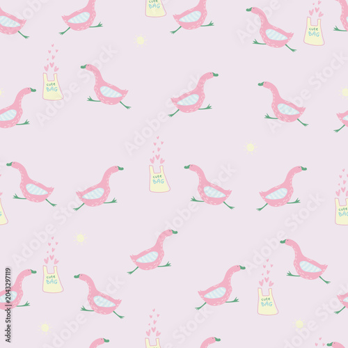 Hand drawn pink goose and hearts on pink background. Vector illustration with cute animals and flowers. 