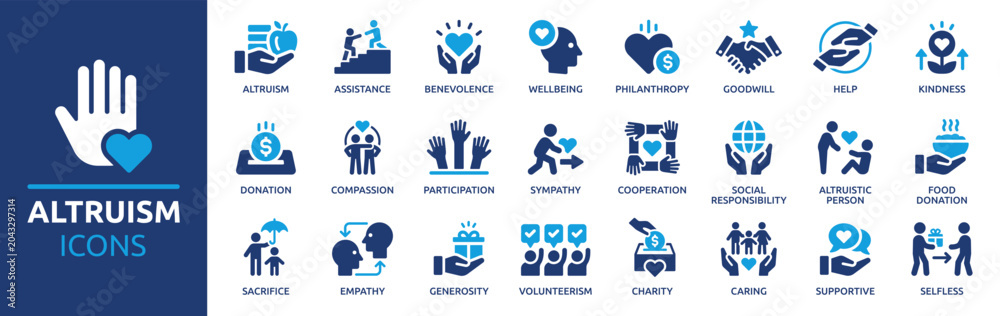 Fototapeta premium A collection of altruism and charity icons representing kindness, generosity, empathy, donation, volunteering, and community support for social causes