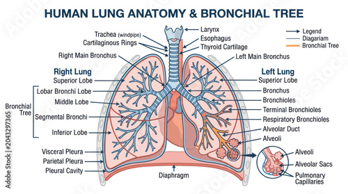 Foto Human Lung Anatomy and Bronchial Tree Diagram