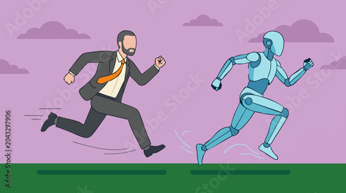 Fotografija Human vs AI competition: Businessman and robot running side by side