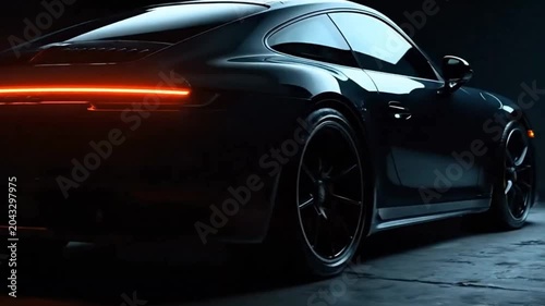 Back view of a sleek luxury sports car with glowing LED taillights in a dark studio, modern automotive design and premium vehicle concept.