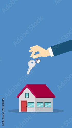 Hand holding key over the house. House buying 4k video animation