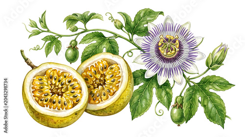 Detailed Botanical Watercolor Illustration Of Sliced Yellow Passion Fruit With Seeds Isolated On A White Background